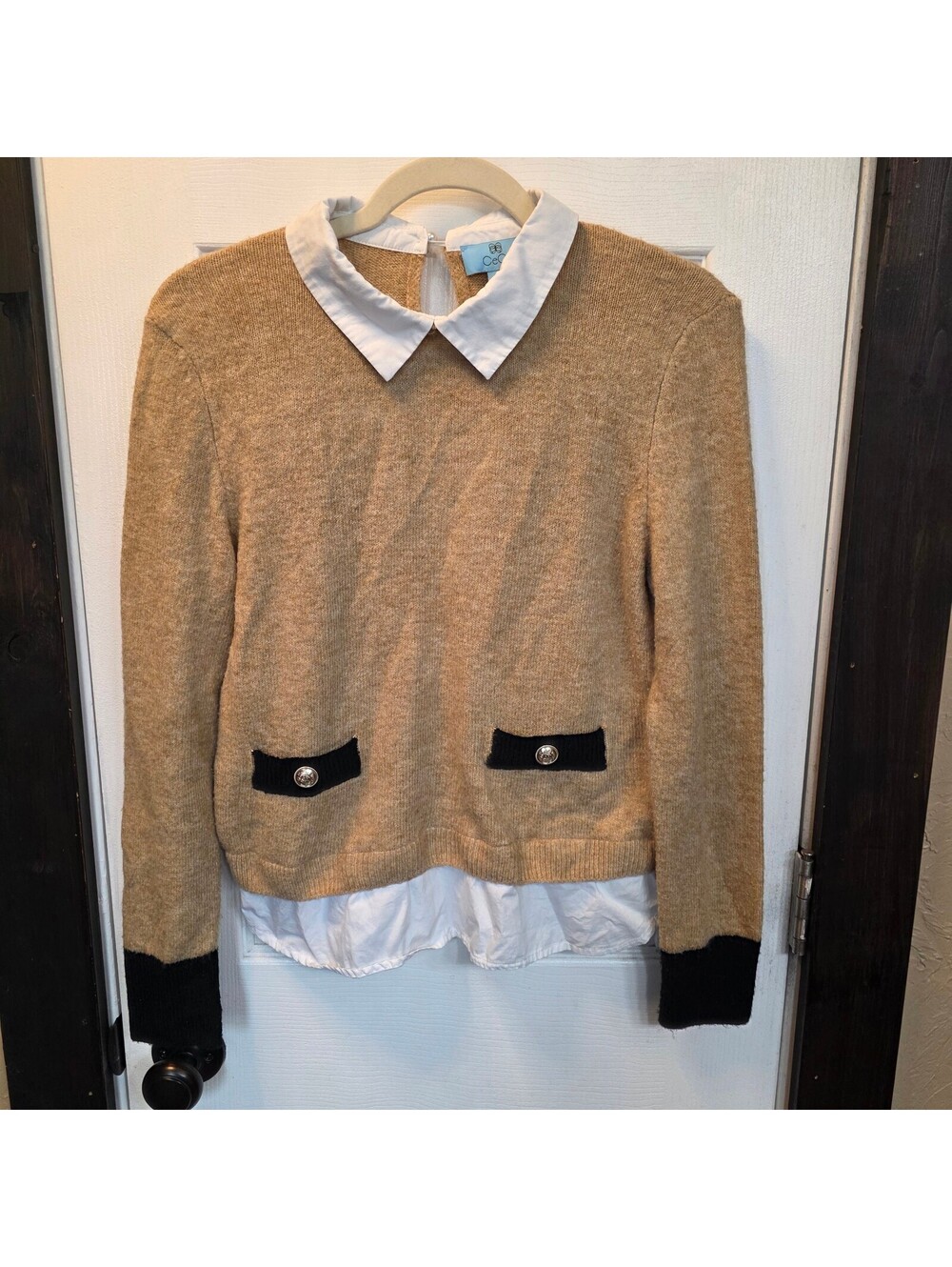 CeCe Faux Layered Sweater with Collar and Button Detail- Size Small